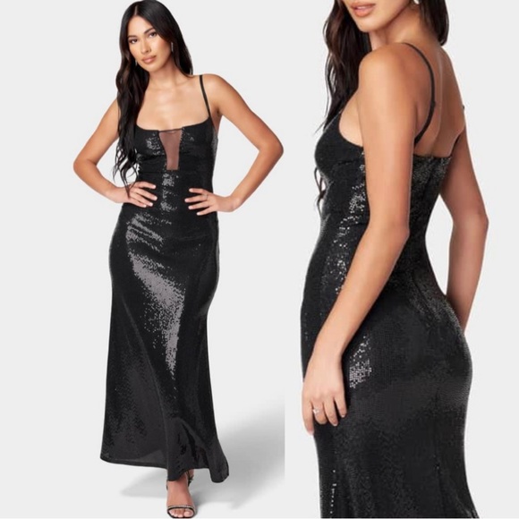 Bebe sequin mesh insert maxi formal black dress Size XXS adjustable straps - Picture 1 of 17